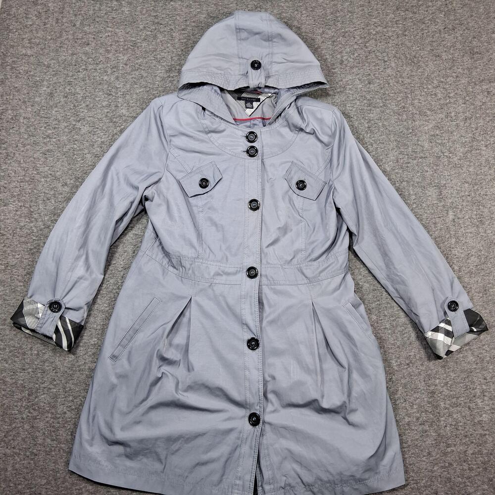 Tommy Hilfiger Coat Womens Large Gray Hooded Pleated Mid Length Rain Jacket